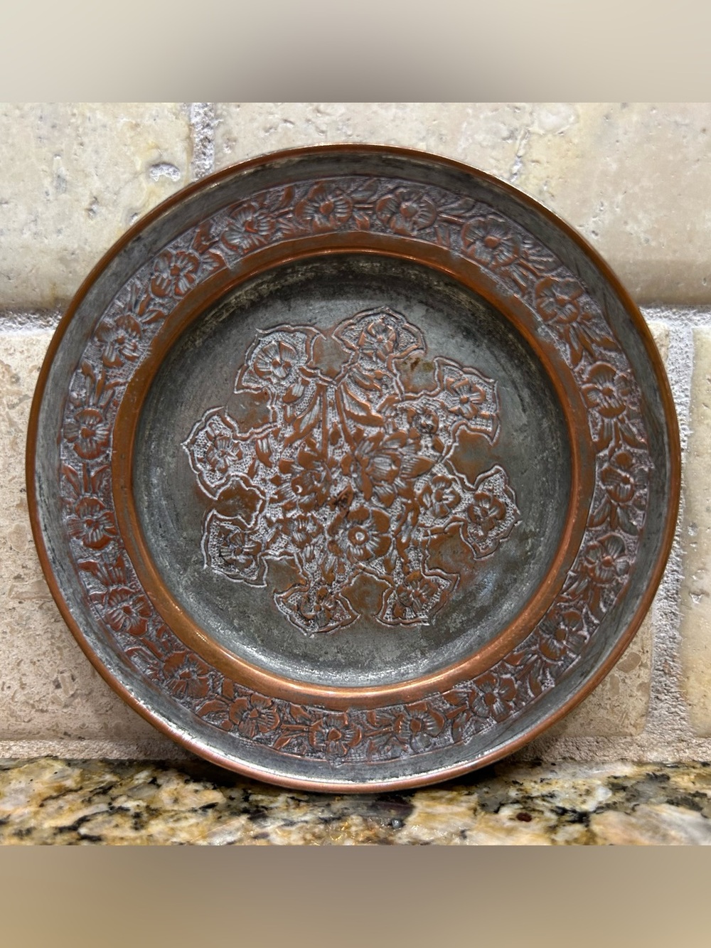 Persian Ghalam-zani copper coaster, wall-hanging plate, or a pin dish from Iran